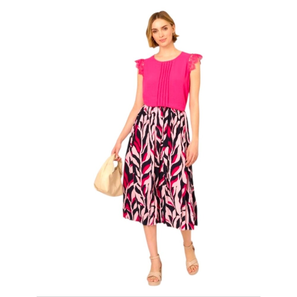 New Adrianna Papell A-Line Midi Skirt Micro Pleat Size Large Navy Leaf Vine